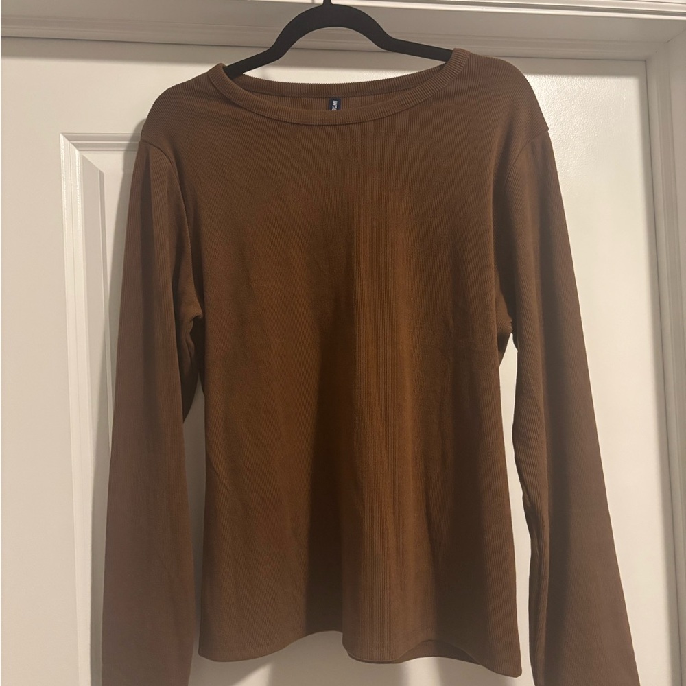 Classic Brown Ribbed Long Sleeve Top